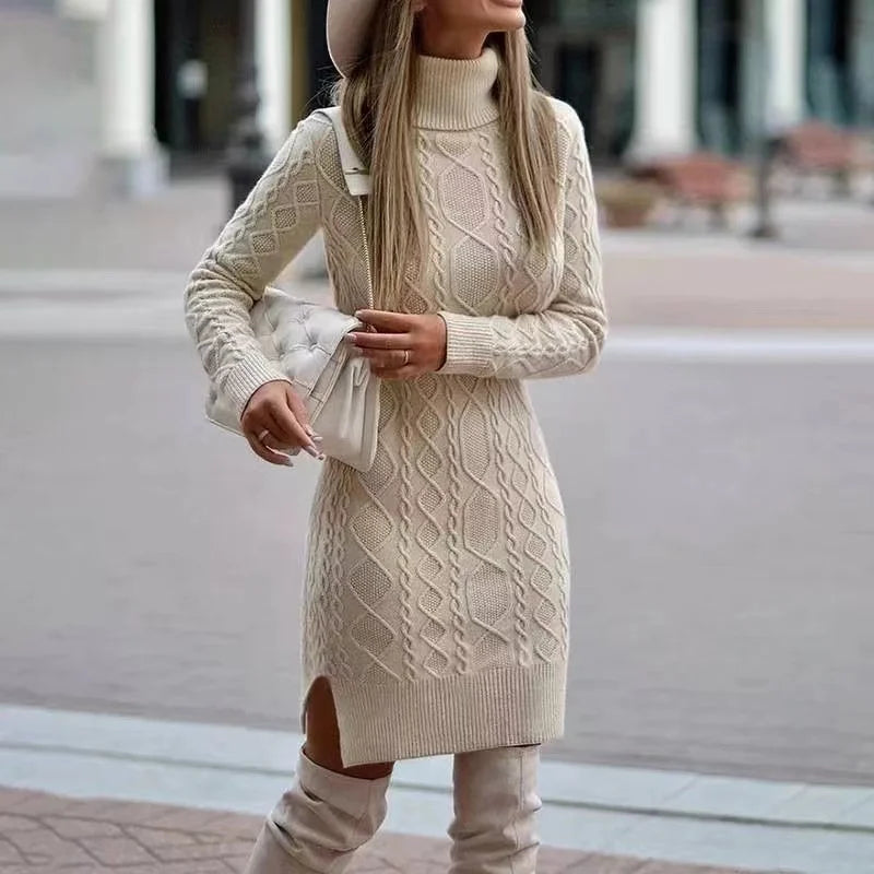 2024 Autumn Winter New Women's Knitted Wrap Hip Skirt High Neck Warm and Thickened Elegant Knitted Sweater Long Sleeve Dress - Multi Shop24