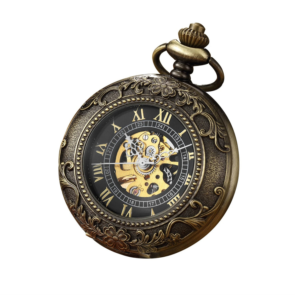 Luxury Retro Golden Hollow Skeleton Mechanical Pocket Watch Mens Multi Shop24