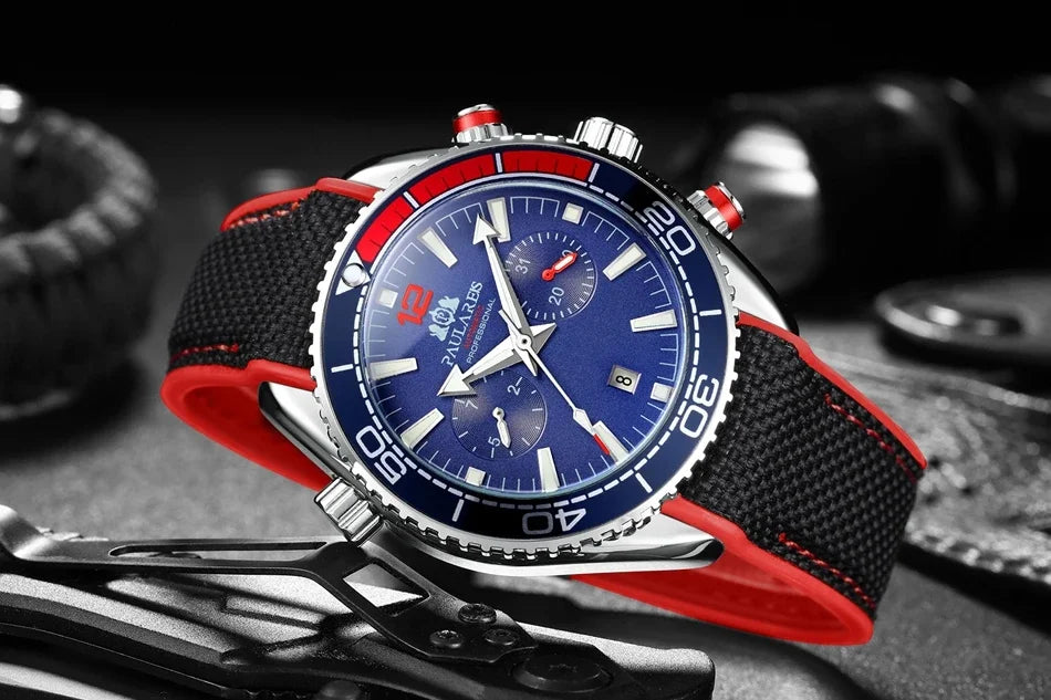Automatic Watch for Men Mechanical Canvas Rubber Strap Orange Blue Red Multi Shop24