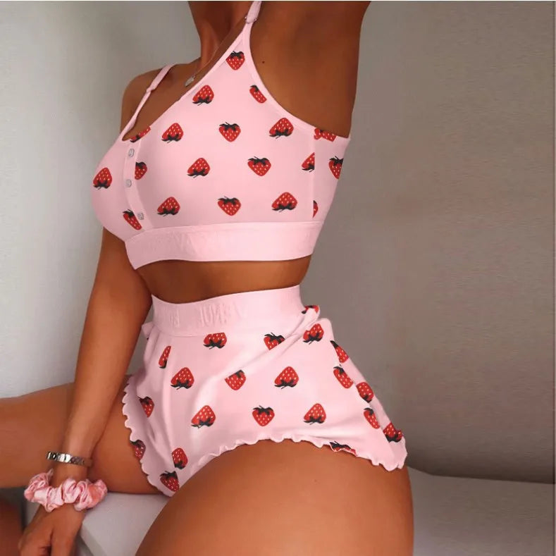 2 Pieces Set Women's Pajama Shorts Suit Multiple Print Underwear Sexy Lingerie Camisoles Tanks Nighty Ladies Loungewear Homewear Multi Shop24