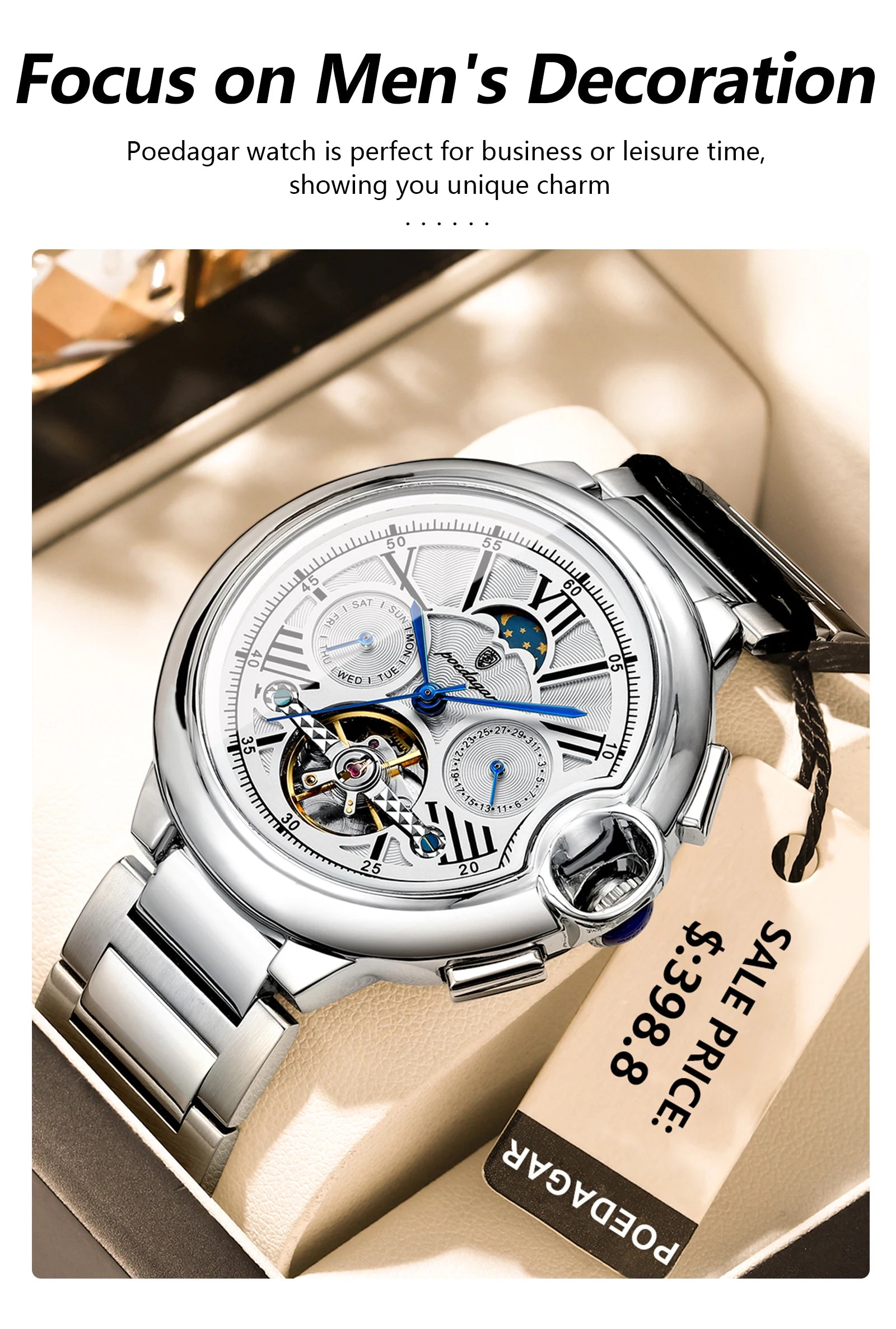 POEDAGAR Luxury Man Watch Tourbillon Date Week Stainless Steel Men Multi Shop24