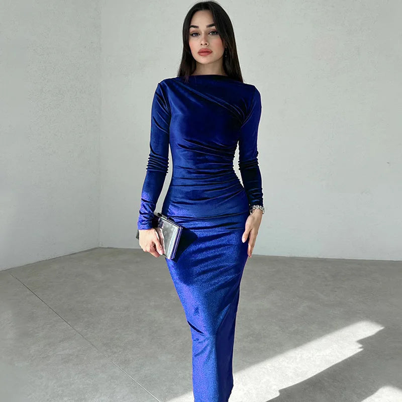 2026 Spring Summer Velvet Long Sleeve Midi Dress For Women Ruched Long Dress - Multi Shop24