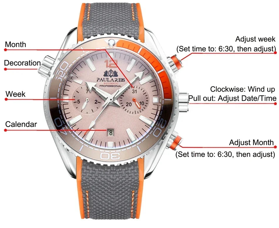 Automatic Watch for Men Mechanical Canvas Rubber Strap Orange Blue Red Multi Shop24