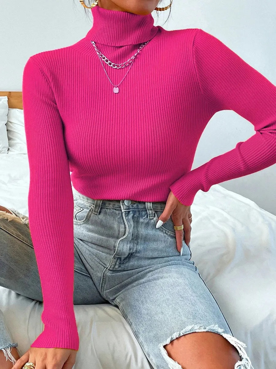 2026 Autumn Winter Women Long Sleeve Knitted Foldover Turtleneck Ribbed Pull Sweater Soft Warm Femme Jumper Pullover Clothes MultiShop24