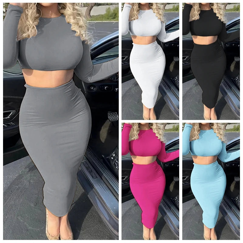 Womens Dress Sets Long Sleeve Crop Tops And Mid Calf Skirt Suit Fashion 2PCS Set Slim Office Lady Autumn Suits Clothing Q2418 - Multi Shop24