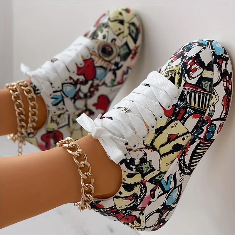 Women's Graffiti Print Sneakers Fashion Lace-up Low-top Platform Sneakers Casual Skateboard Shoes Sneakers New Vulcanized Shoes MultiShop24