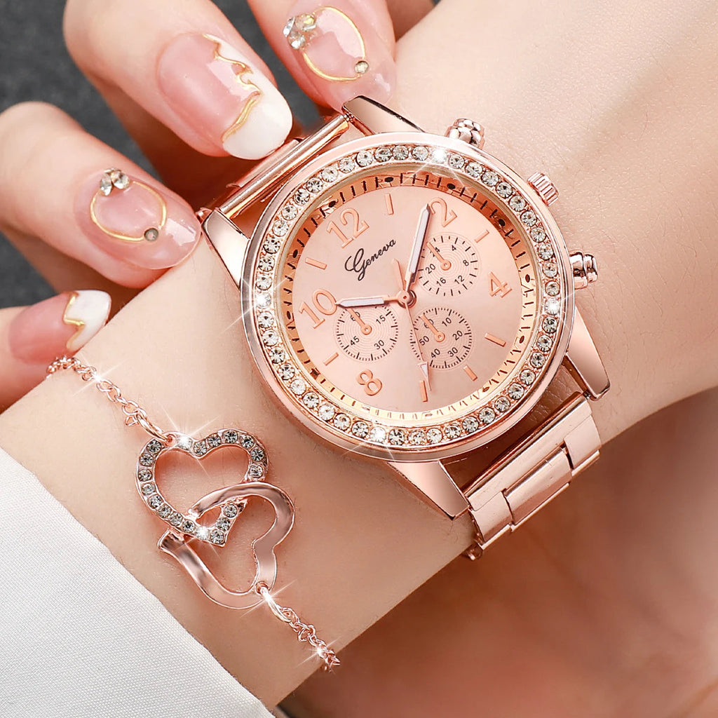 Women's Watch Fashion 6PCS/Set  Rhinestone Stainless Steel Band Quartz Watch Double Heart Jewelry Set(Without Box) MultiShop24