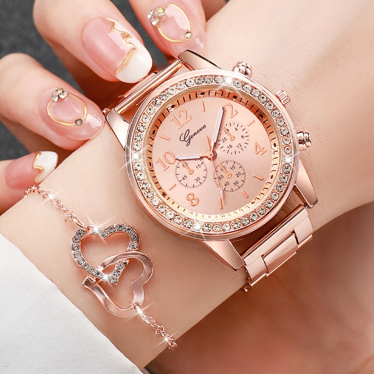 Women's Watch Fashion 6PCS/Set  Rhinestone Stainless Steel Band Quartz Watch Double Heart Jewelry Set(Without Box) MultiShop24