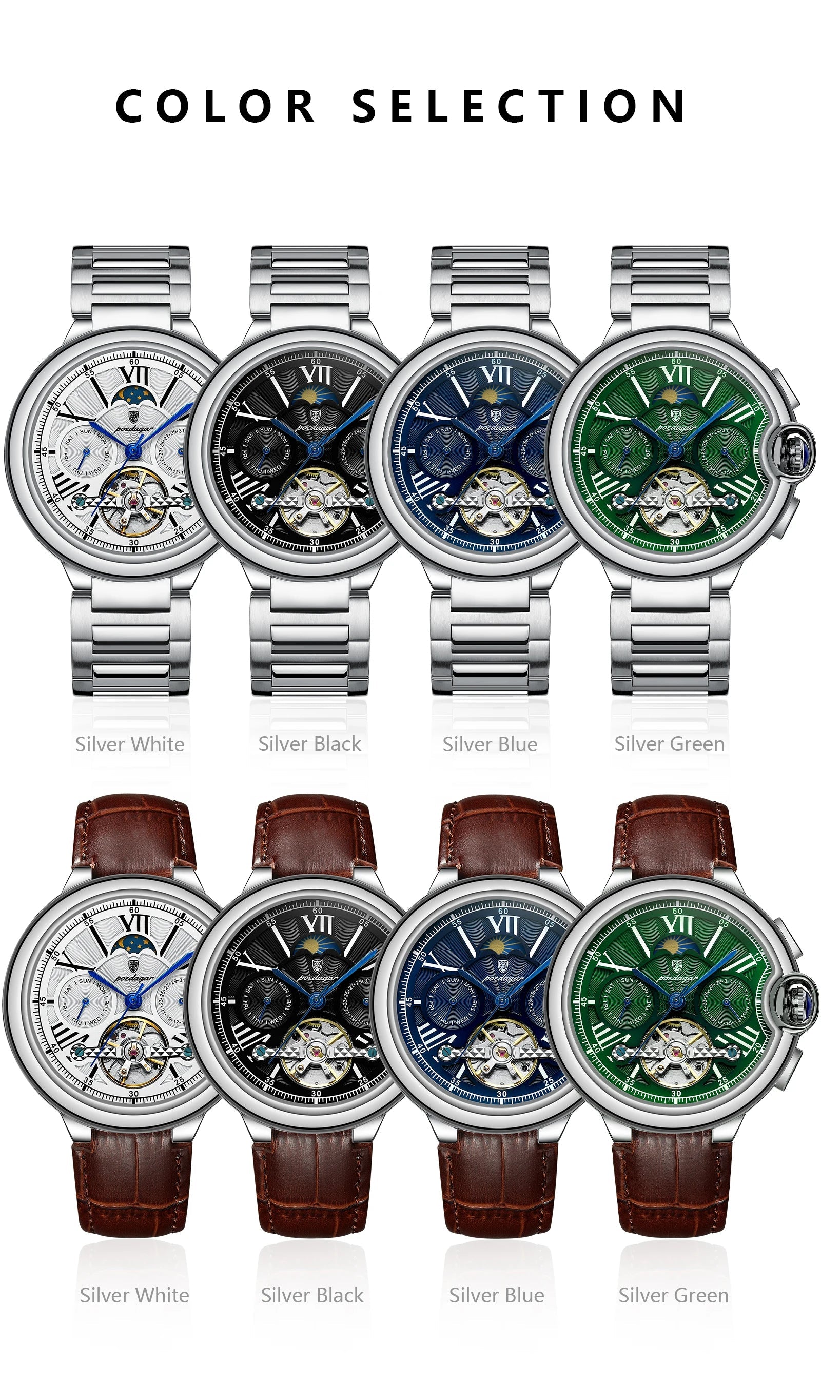 POEDAGAR Luxury Man Watch Tourbillon Date Week Stainless Steel Men Multi Shop24