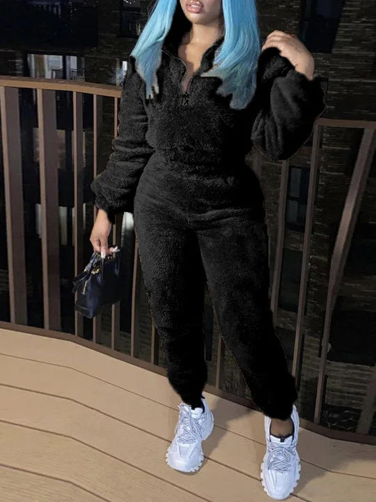 Winter New Plush Two Piece Set Casual Home Warm Suit For Women Fashion Zipper Lapel Pullover Top Elastic Waist Trousers Suit MultiShop24