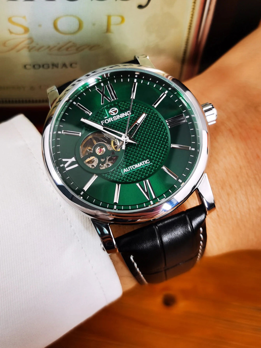 Forsining Fashion Skeleton Mechanical Watch for Men Green Multi Shop24