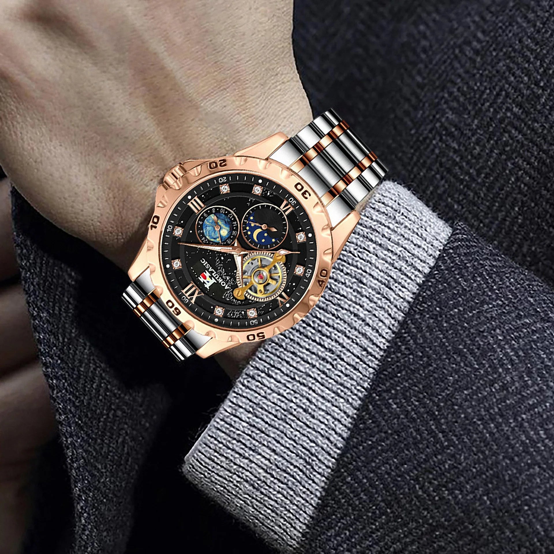 Tourbillon Skeleton Mechanical Watches Starry Sky Moon Phase Diamond Multi Shop24