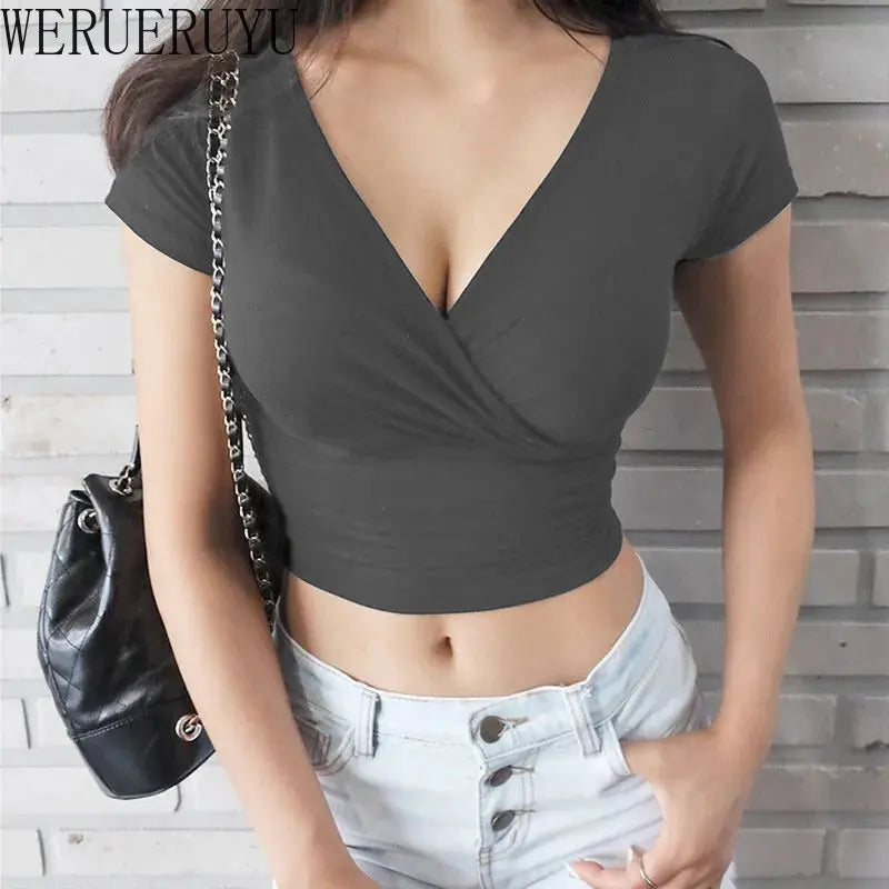 New Summer Black Sexy V-neck T-shirt Short Sleeve Y2k Crop Top Women Clothes Streetwear Korean Fashion Corset Tops Tshirts 2023 - Multi Shop24