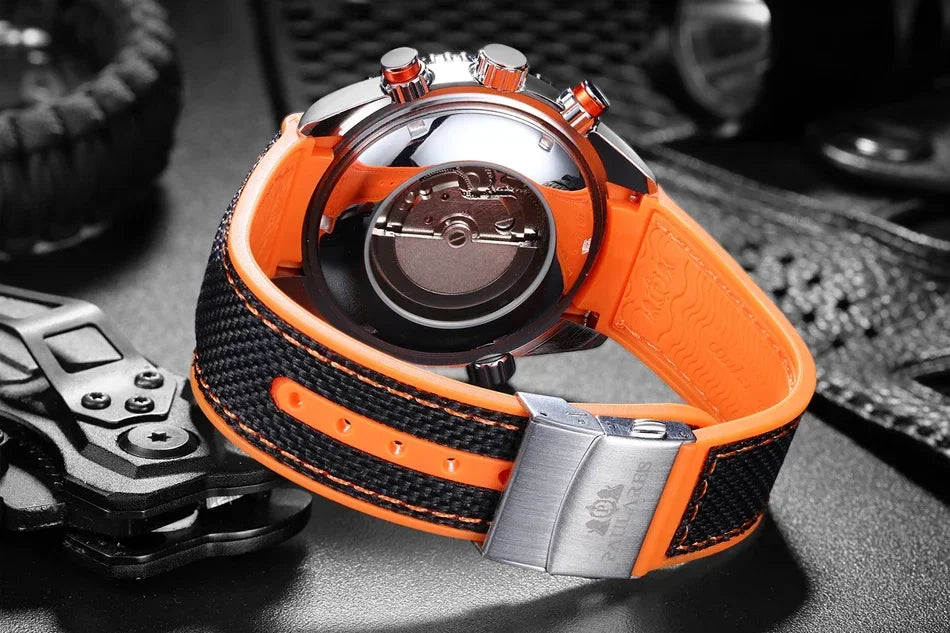 Automatic Watch for Men Mechanical Canvas Rubber Strap Orange Blue Red Multi Shop24