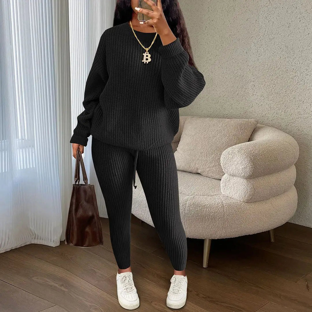 Knitted Sweater Two Piece Set For Women Autumn Winter Long Sleeve O Neck Sweater + Skinny Pants Sets Casual Knit Outfit Homewear MultiShop24