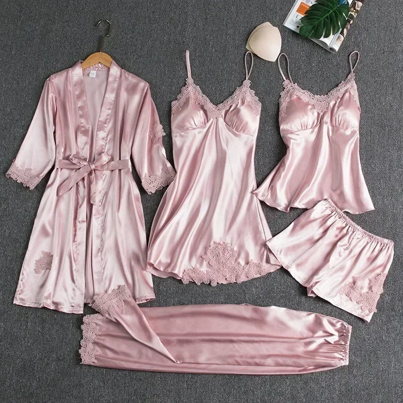 5-piece Set of Women's Sleepwear Sexy Silk Nightgown - Multi Shop24