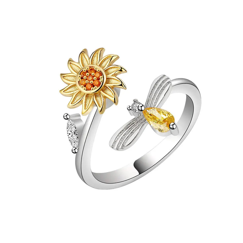 VENTFILLE 925 Sterling Silver Sunflower Diamond Zircon Rotatable Ring For Women