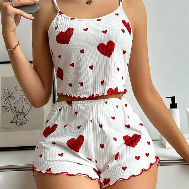Women's Pajamas Set Sleepwear 2 PCS Short Tank Tops And Shorts S M L White Ventilate Soft Casual Love Printing MultiShop24