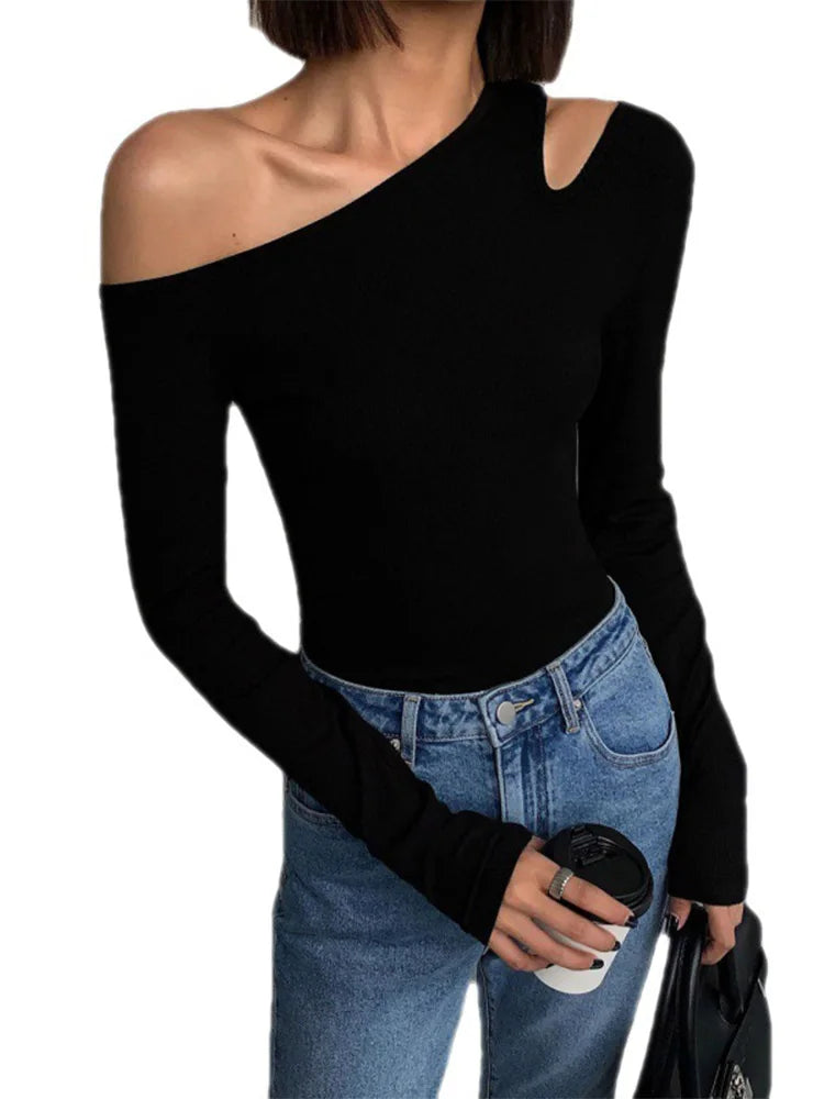 Fashion Skew Collar Off-shoulder Long-sleeved T-shirts Women Spring New Solid Slim Fit Crop Top Sexy Hollow Out Tees Shirts - Multi Shop24
