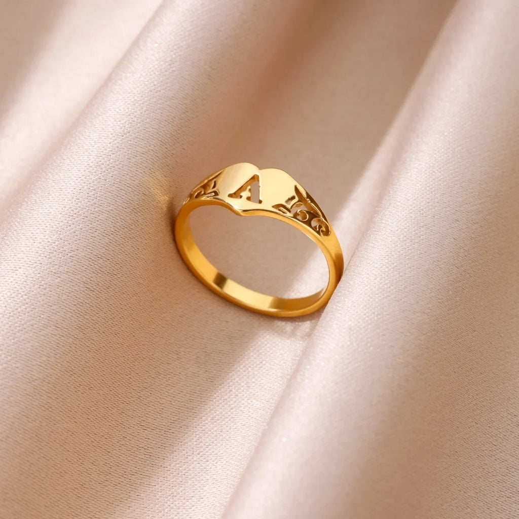 Fashion Hollow Initial Letter Heart Rings For Women Gold Color Stainless Steel A-Z