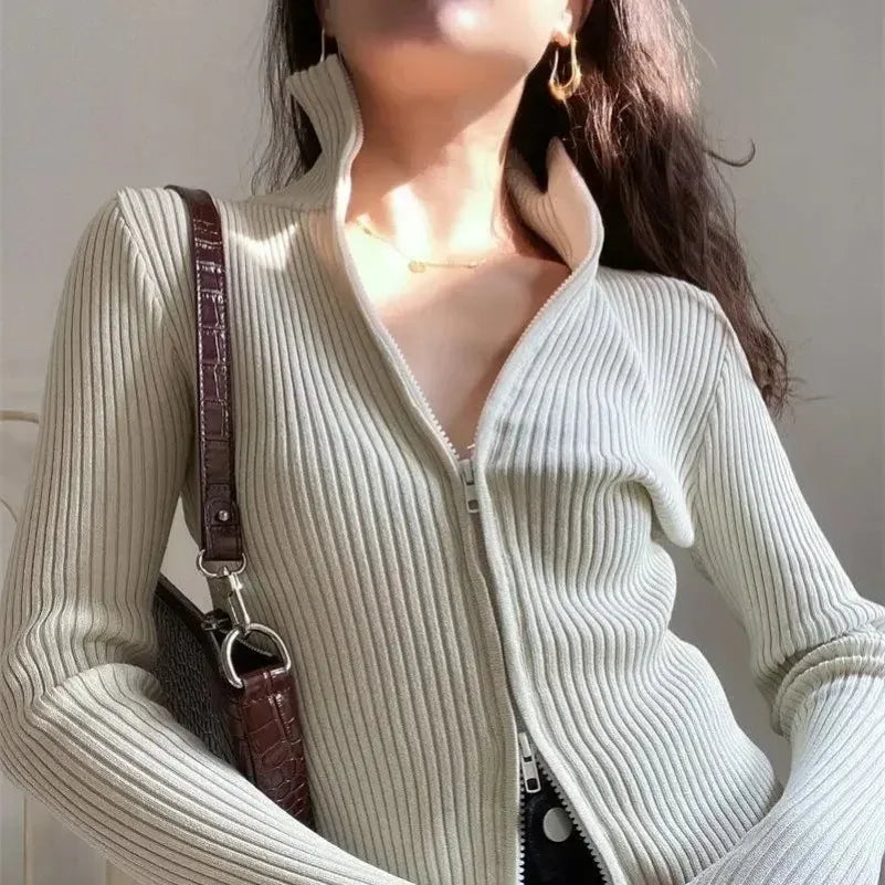PTKPCC Autumn Women's Clothing New Casual Cardigan Y2K Slim Knitted Sweater Zipper Lapel Top Vintage High Strecth Slim Pullovers MultiShop24