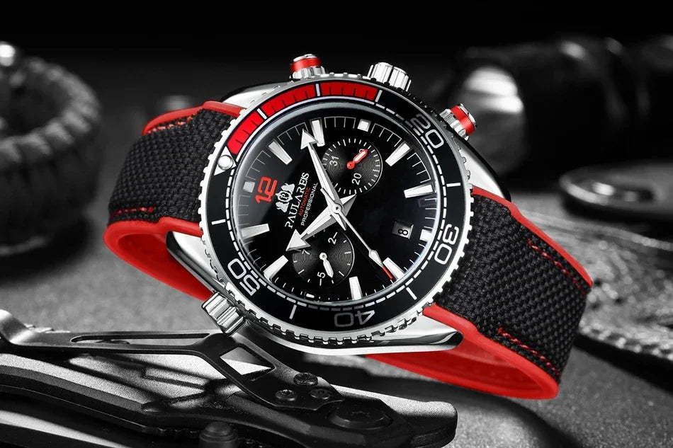 Automatic Watch for Men Mechanical Canvas Rubber Strap Orange Blue Red Multi Shop24