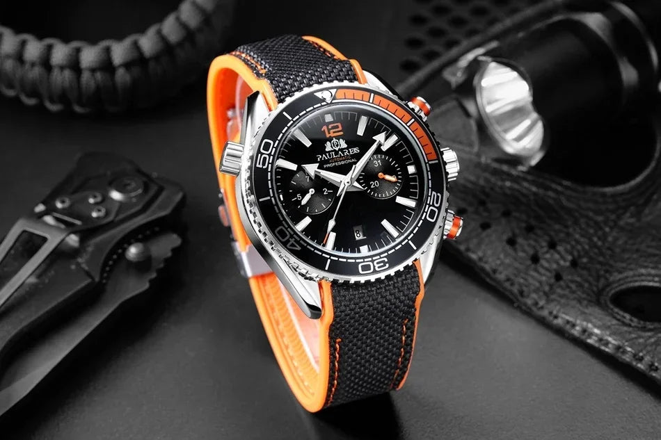 Automatic Watch for Men Mechanical Canvas Rubber Strap Orange Blue Red Multi Shop24