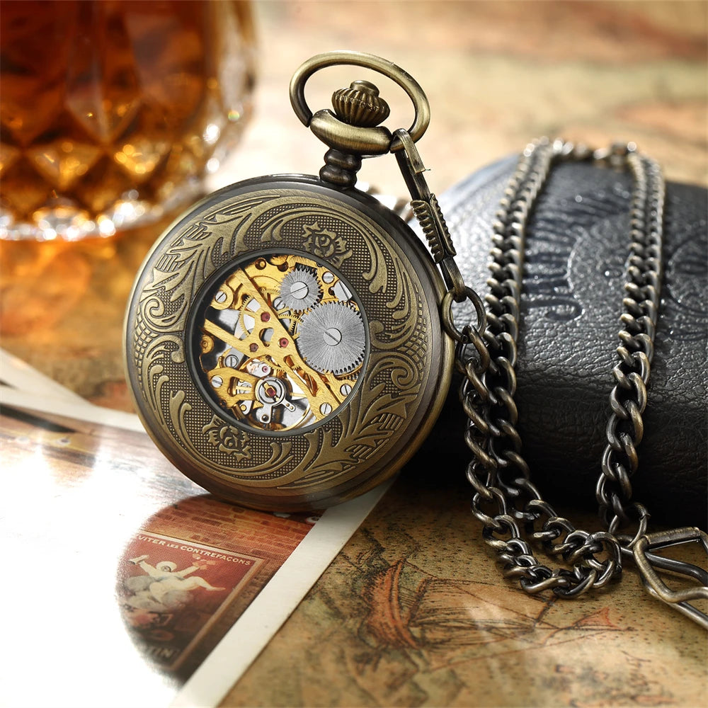 Luxury Retro Golden Hollow Skeleton Mechanical Pocket Watch Mens Multi Shop24