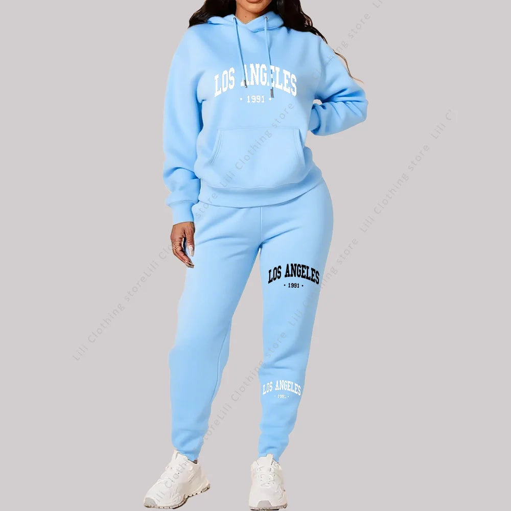 Women Sets Hoodies Pants 2 Piece Outfits Aesthetic Sportswear Sweatsuit Los Angeles Letter Print Suit Ladies Tracksuit Plus Size MultiShop24