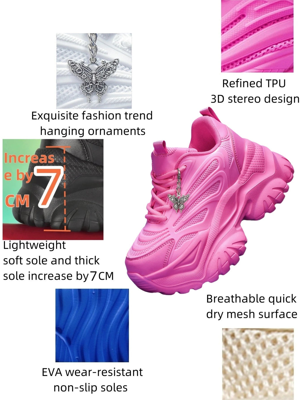 Women's Eva Solid Thick-Soled Heightening 7cm Fashionable Casual Vulcanized Shoes with Silver Butterfly Decorative Pendant Chain Shoe Accessories Light and Comfortable Soft-Soled Shock-Absorbing Non-Slip Women's Vulcanized Sh MultiShop24