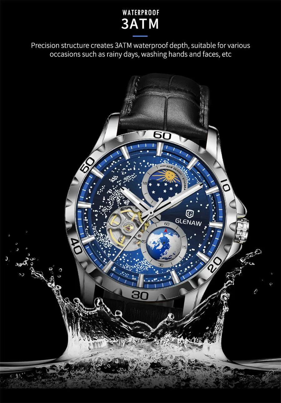 GLENAW Rotating Earth Double Second Hand WristWatch Men Automatic Multi Shop24