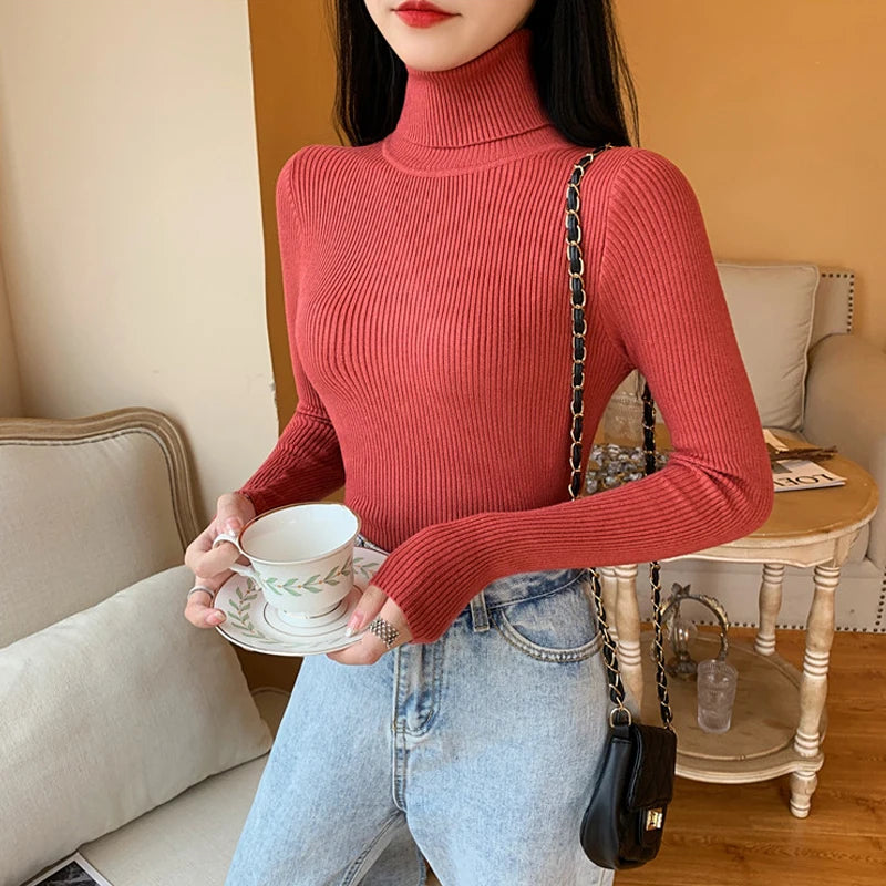 2026 Autumn Winter Women Long Sleeve Knitted Foldover Turtleneck Ribbed Pull Sweater Soft Warm Femme Jumper Pullover Clothes MultiShop24
