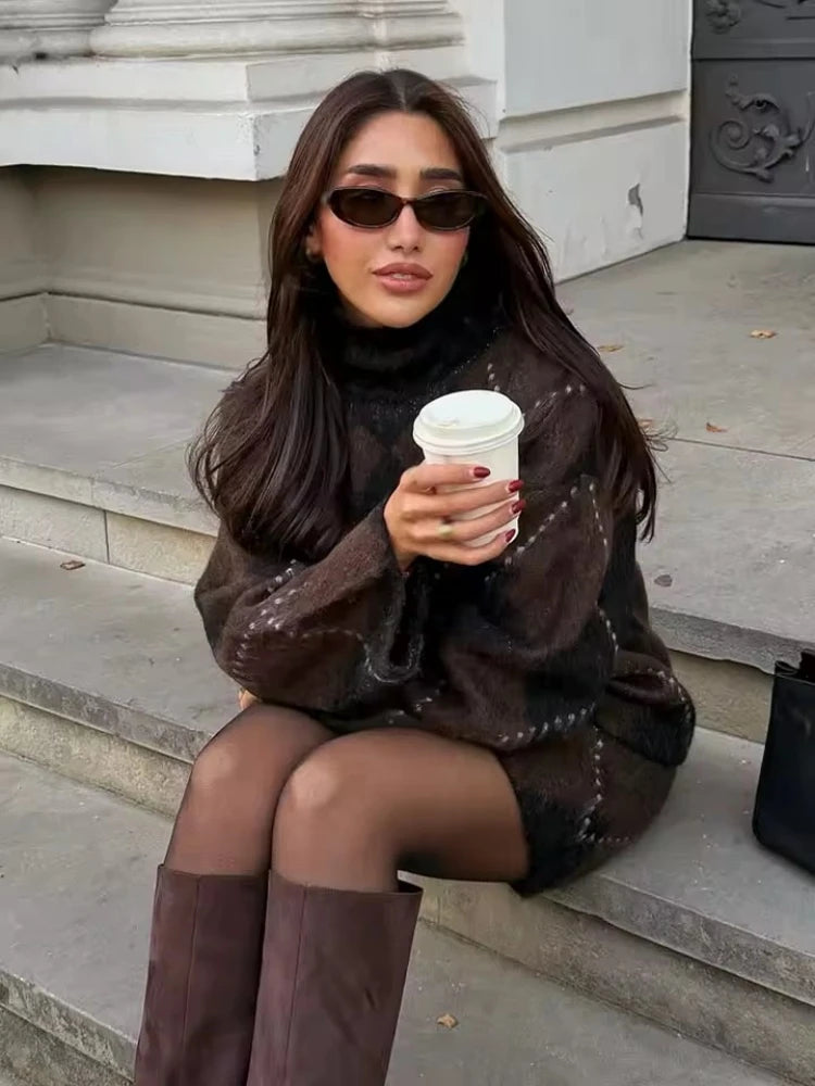 Brown Vintage Argyle Plaid Knitted Dress Sets Women Causal Turtleneck Loose Sweater +Knit Mini Skirts Set Winter Women Knitwear - Multi Shop24