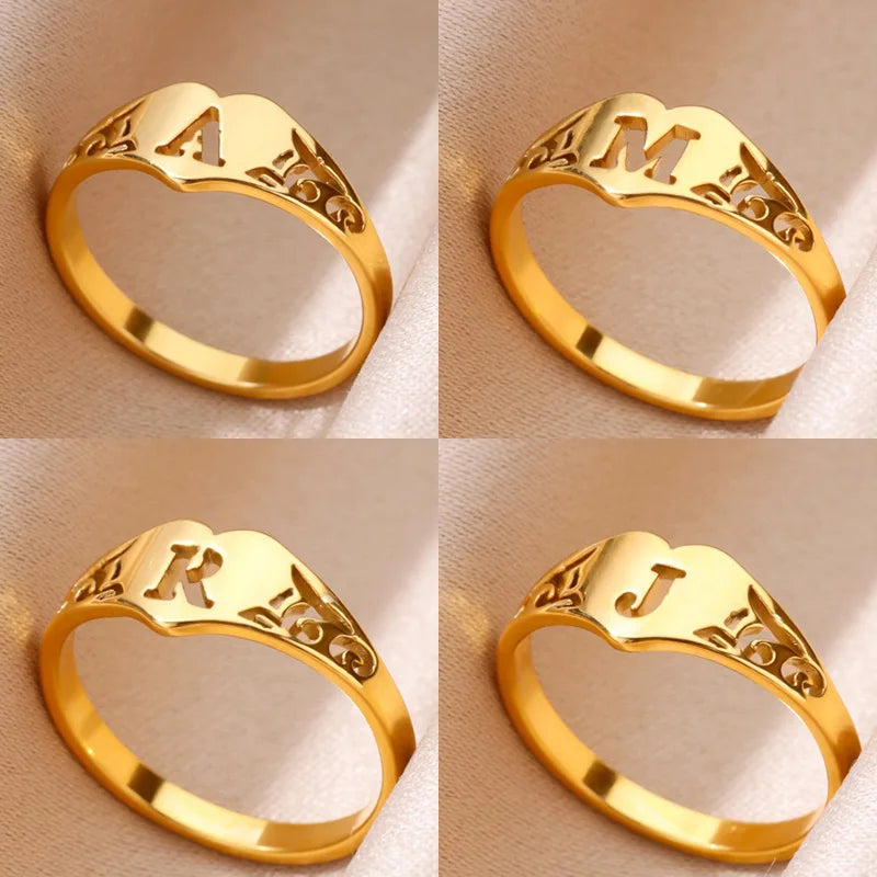 Fashion Hollow Initial Letter Heart Rings For Women Gold Color Stainless Steel A-Z