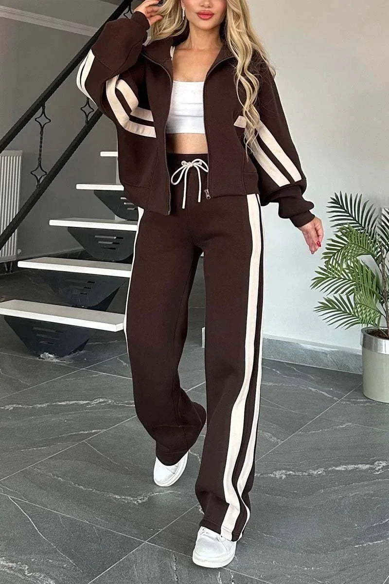 2025 Autumn Winter New Two-piece Set Women's Zipper Striped Loose Jacket Outwear And High Waist Side-striped Pants Sports Sets MultiShop24