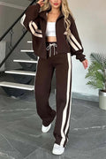 2025 Autumn Winter New Two-piece Set Women's Zipper Striped Loose Jacket Outwear And High Waist Side-striped Pants Sports Sets MultiShop24