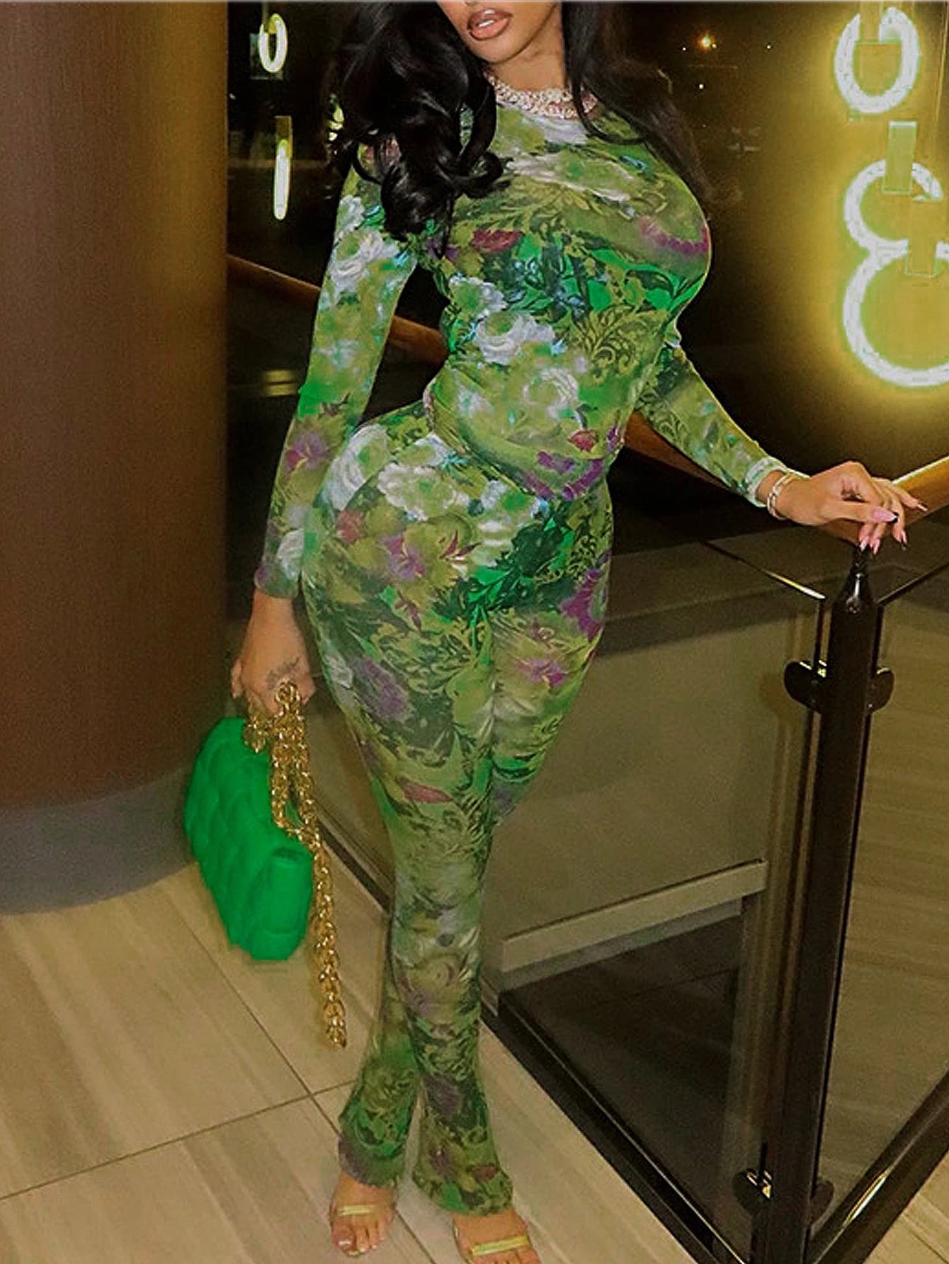 Women's mesh printed round neck long sleeved tight fitting top, mesh printed long pants casual set - Multi Shop24