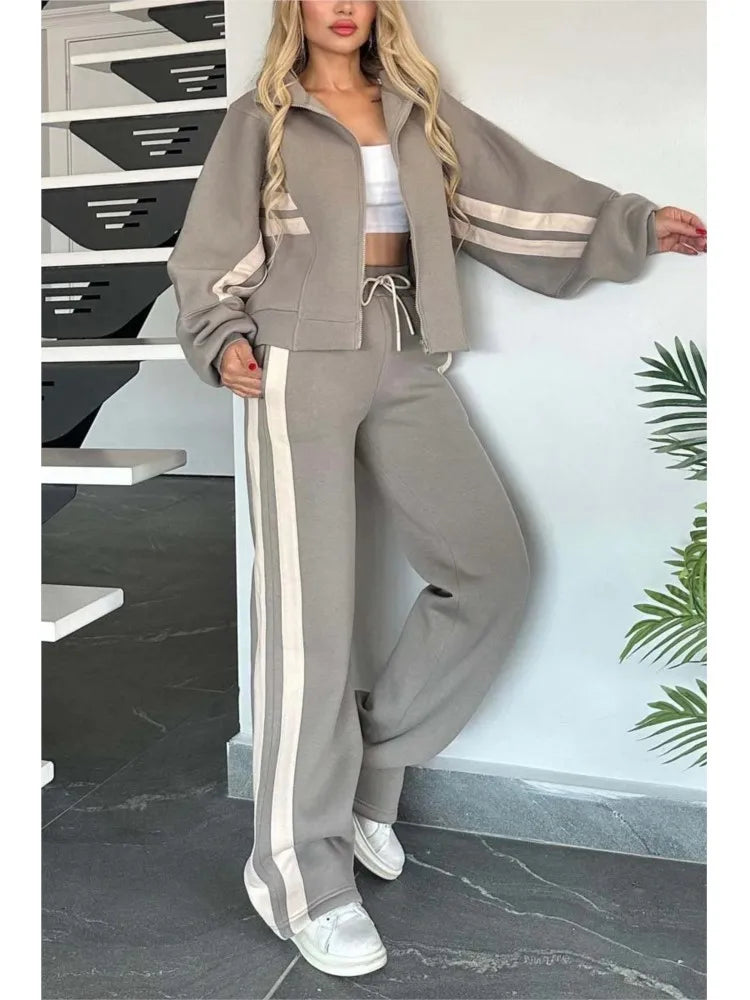 2025 Autumn Winter New Two-piece Set Women's Zipper Striped Loose Jacket Outwear And High Waist Side-striped Pants Sports Sets MultiShop24