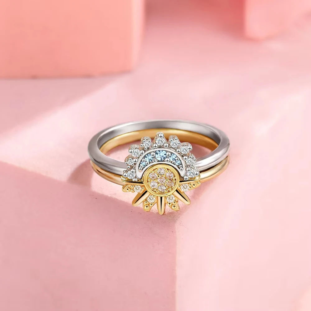 925 Silver Sun and Moon  Couple Ring Set Sky Blue - Multi Shop24