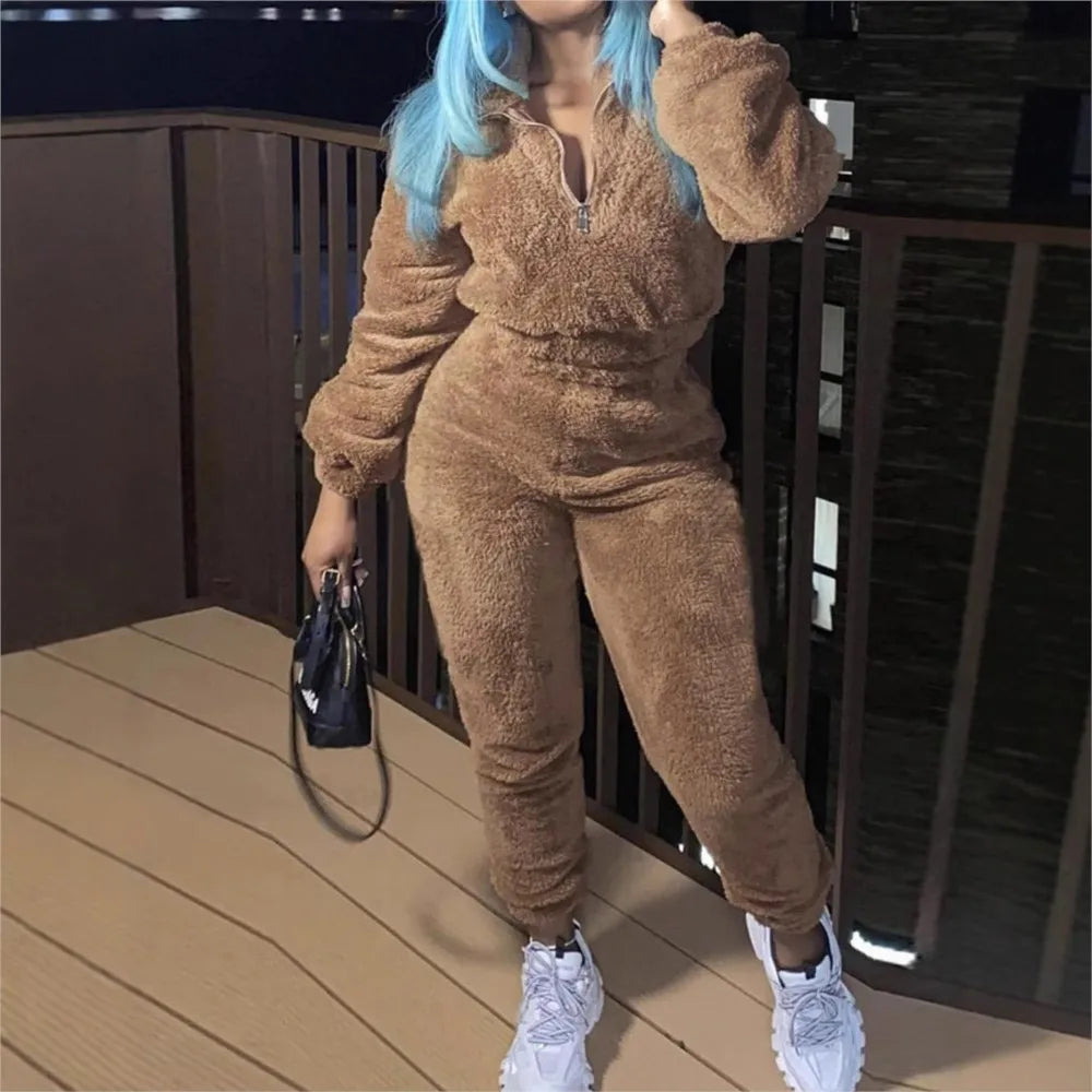 Fashion Casual Solid Color Plush Women's Suit Autumn Winter New Ultra Short Jacket Slim Warm Sports Trousers Girls 2 Piece Set MultiShop24