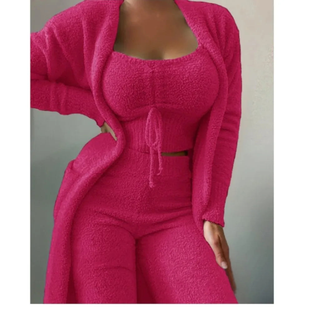 Fashion Plush Lace Up Cardigan 3 Piece Women's Trouser Set Autumn And Winter New Solid Color Asual Warm Home Wear Female Set2025 MultiShop24