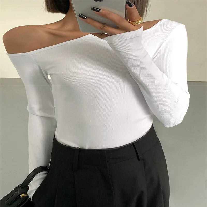 Fashion Skew Collar Off-shoulder Long-sleeved T-shirts Women Spring New Solid Slim Fit Crop Top Sexy Hollow Out Tees Shirts - Multi Shop24