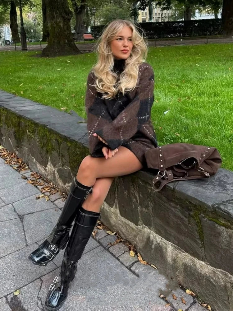 Brown Vintage Argyle Plaid Knitted Dress Sets Women Causal Turtleneck Loose Sweater +Knit Mini Skirts Set Winter Women Knitwear - Multi Shop24