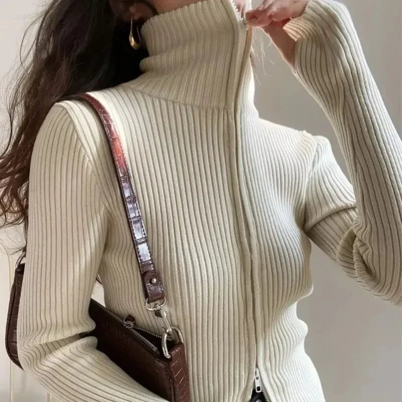 PTKPCC Autumn Women's Clothing New Casual Cardigan Y2K Slim Knitted Sweater Zipper Lapel Top Vintage High Strecth Slim Pullovers MultiShop24
