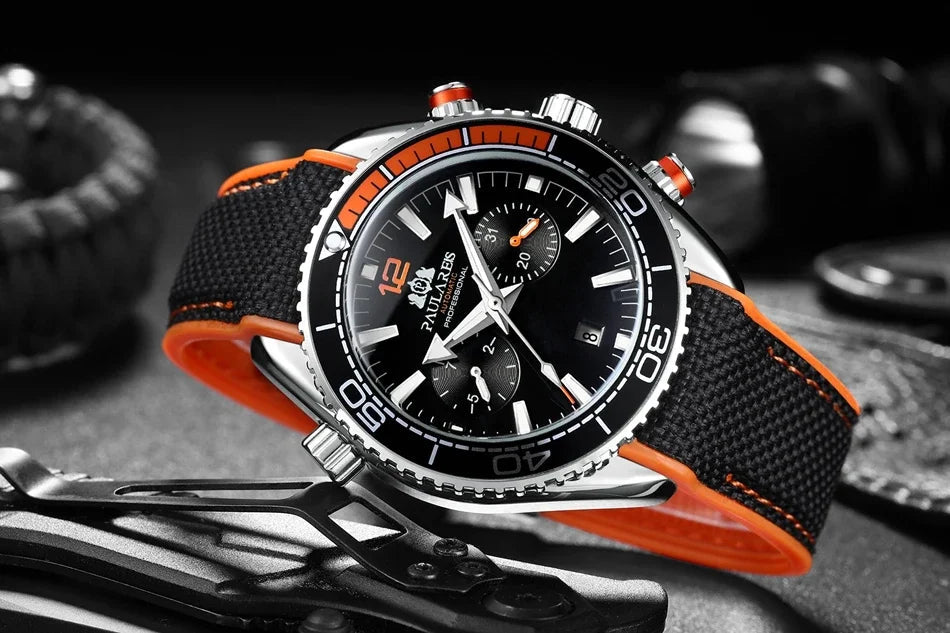 Automatic Watch for Men Mechanical Canvas Rubber Strap Orange Blue Red Multi Shop24
