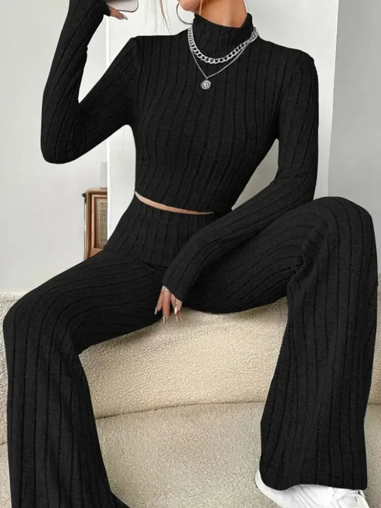 Women Fashion Solid Color Streetwear Autumn Winter Elegant Round Neck Tops Loose Pants Suit Casual Holiday Sport Two Piece Sets - Multi Shop24