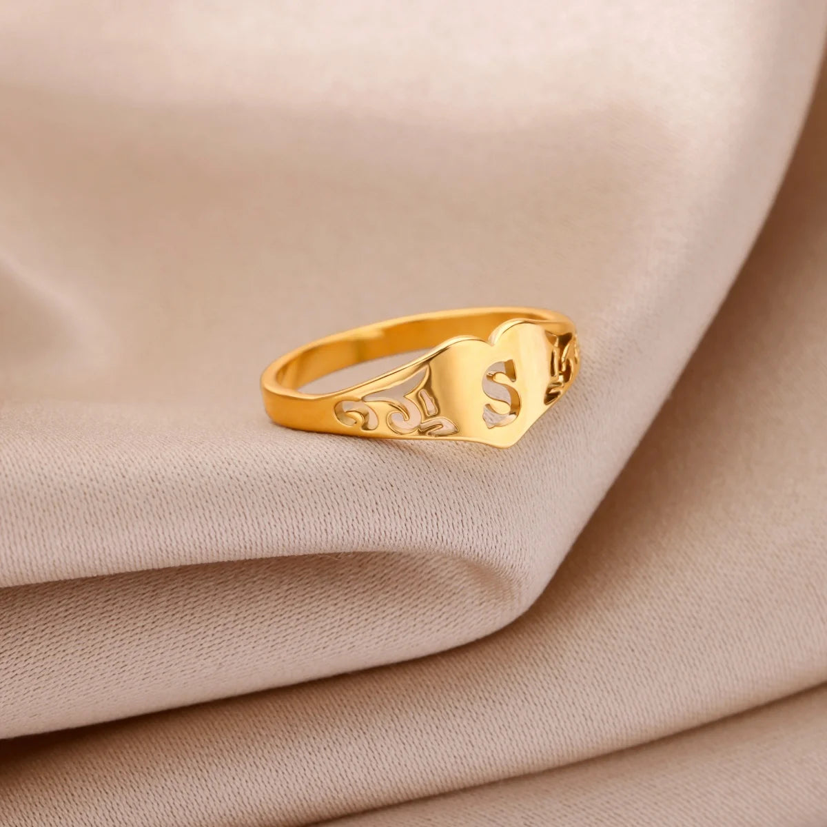 Fashion Hollow Initial Letter Heart Rings For Women Gold Color Stainless Steel A-Z