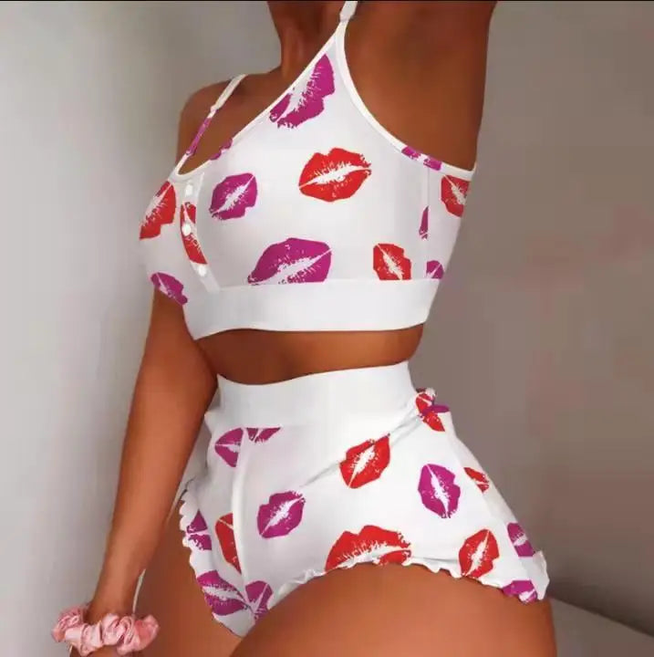 2 Pieces Set Women's Pajama Shorts Suit Multiple Print Underwear Sexy Lingerie Camisoles Tanks Nighty Ladies Loungewear Homewear Multi Shop24