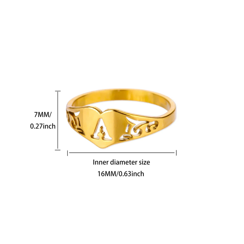 Fashion Hollow Initial Letter Heart Rings For Women Gold Color Stainless Steel A-Z